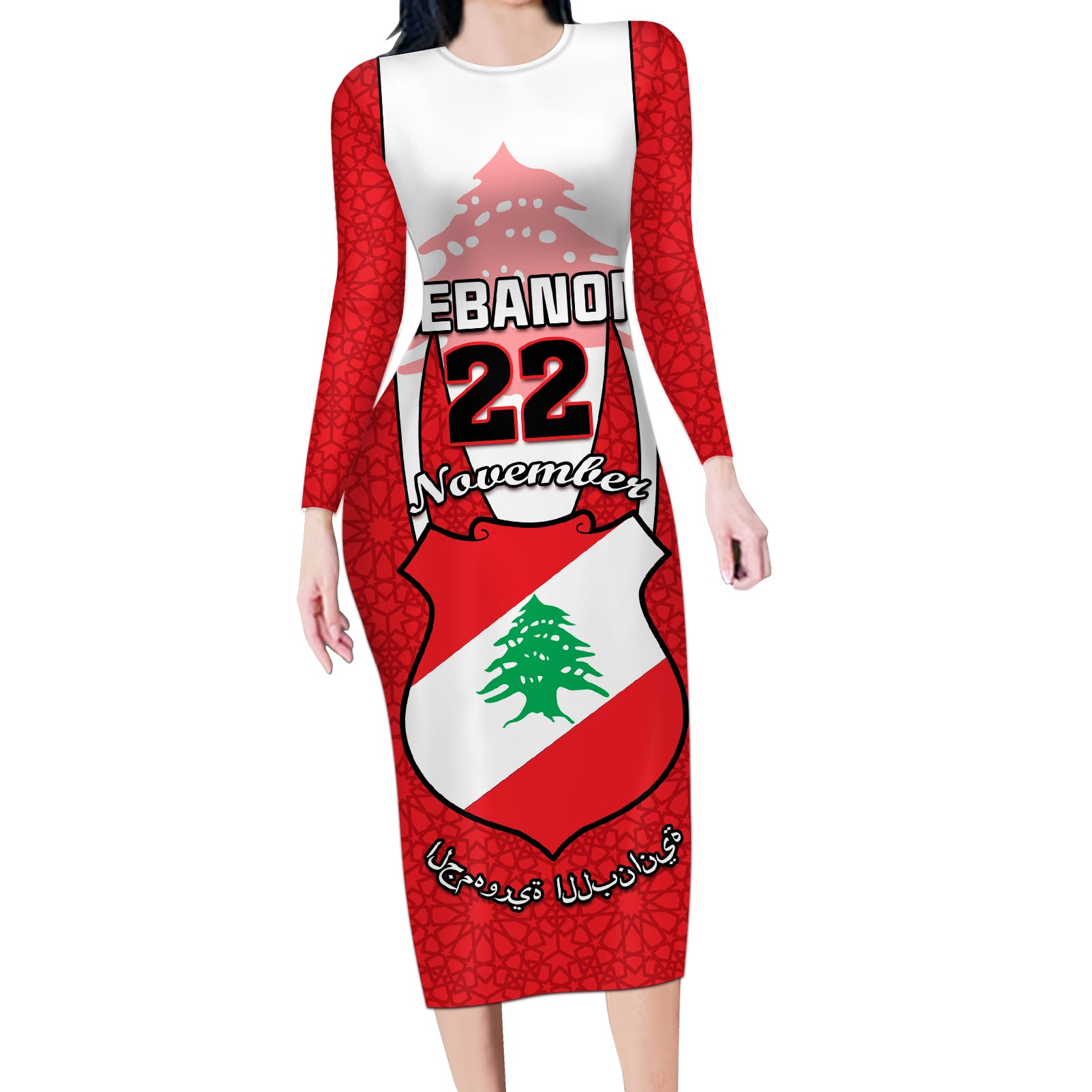 Personalised Lebanon Independence Day Long Sleeve Bodycon Dress Lebanese Coat Of Arms Islamic Pattern - Wonder Print Shop