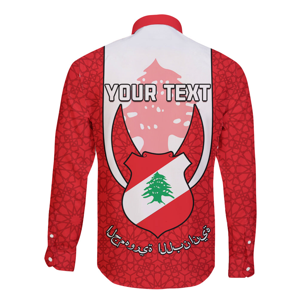 Personalised Lebanon Independence Day Long Sleeve Button Shirt Lebanese Coat Of Arms Islamic Pattern - Wonder Print Shop