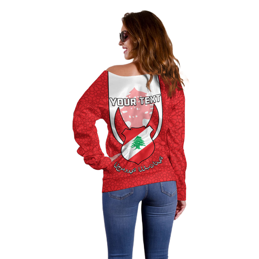 Personalised Lebanon Independence Day Off Shoulder Sweater Lebanese Coat Of Arms Islamic Pattern - Wonder Print Shop