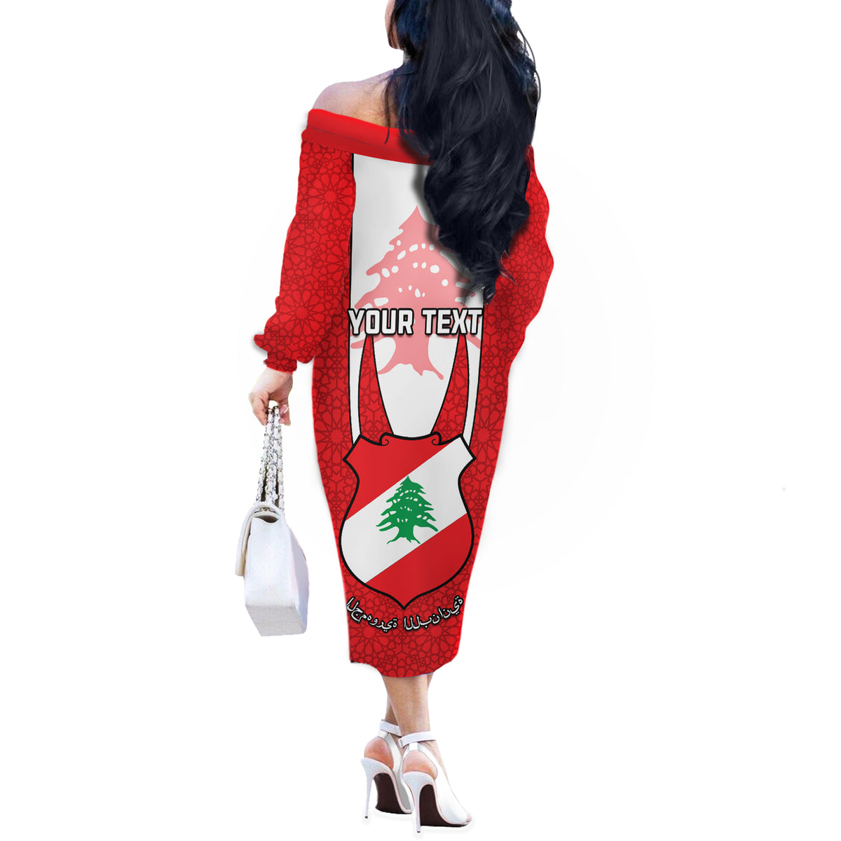 Personalised Lebanon Independence Day Off The Shoulder Long Sleeve Dress Lebanese Coat Of Arms Islamic Pattern - Wonder Print Shop