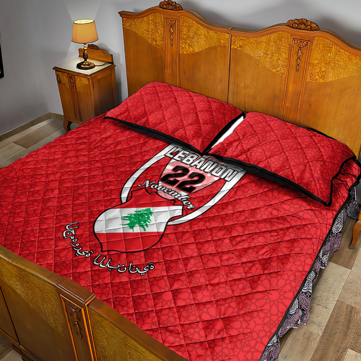 Lebanon Independence Day Quilt Bed Set Lebanese Coat Of Arms Islamic Pattern - Wonder Print Shop