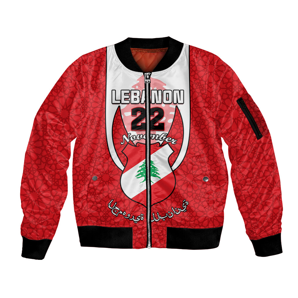 Personalised Lebanon Independence Day Sleeve Zip Bomber Jacket Lebanese Coat Of Arms Islamic Pattern - Wonder Print Shop