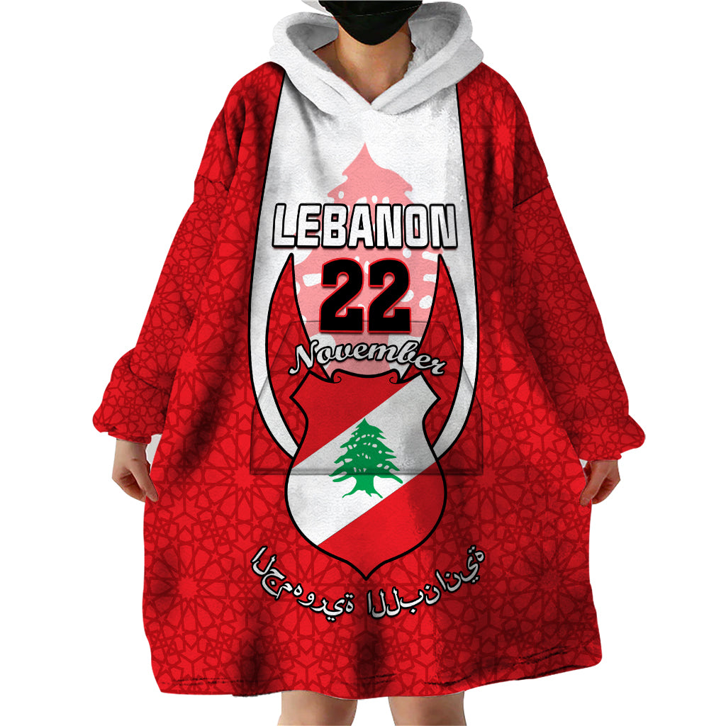 Personalised Lebanon Independence Day Wearable Blanket Hoodie Lebanese Coat Of Arms Islamic Pattern - Wonder Print Shop