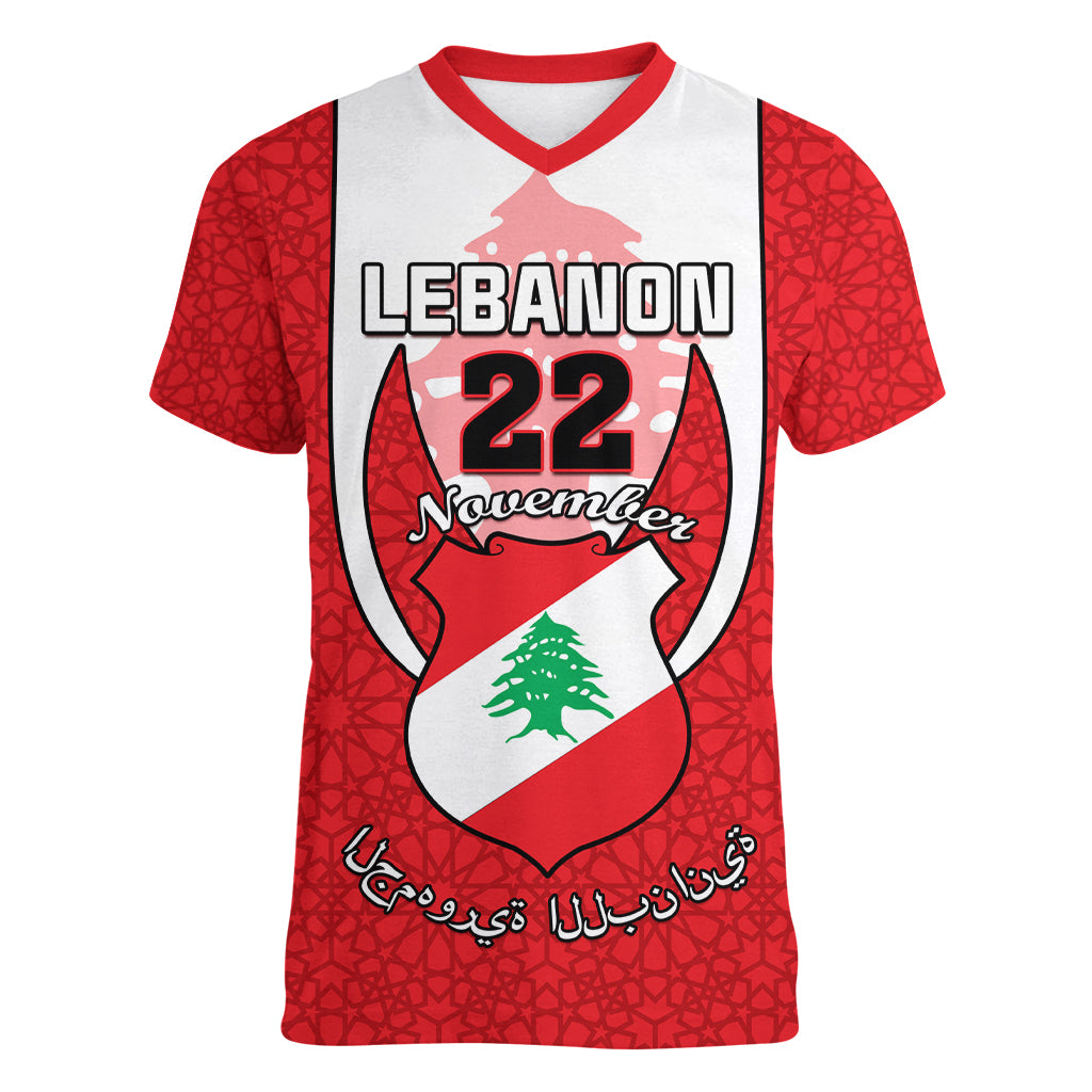 Personalised Lebanon Independence Day Women V Neck T Shirt Lebanese Coat Of Arms Islamic Pattern - Wonder Print Shop