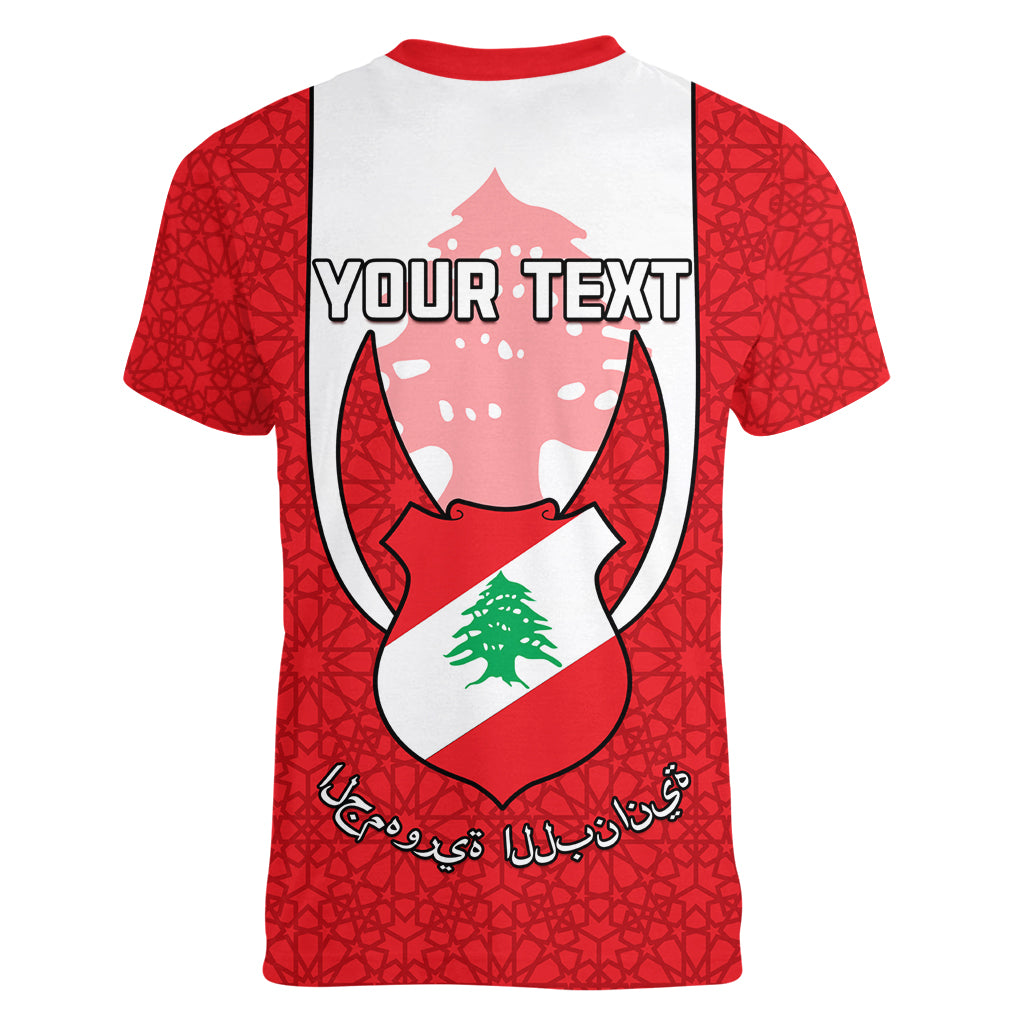 Personalised Lebanon Independence Day Women V Neck T Shirt Lebanese Coat Of Arms Islamic Pattern - Wonder Print Shop