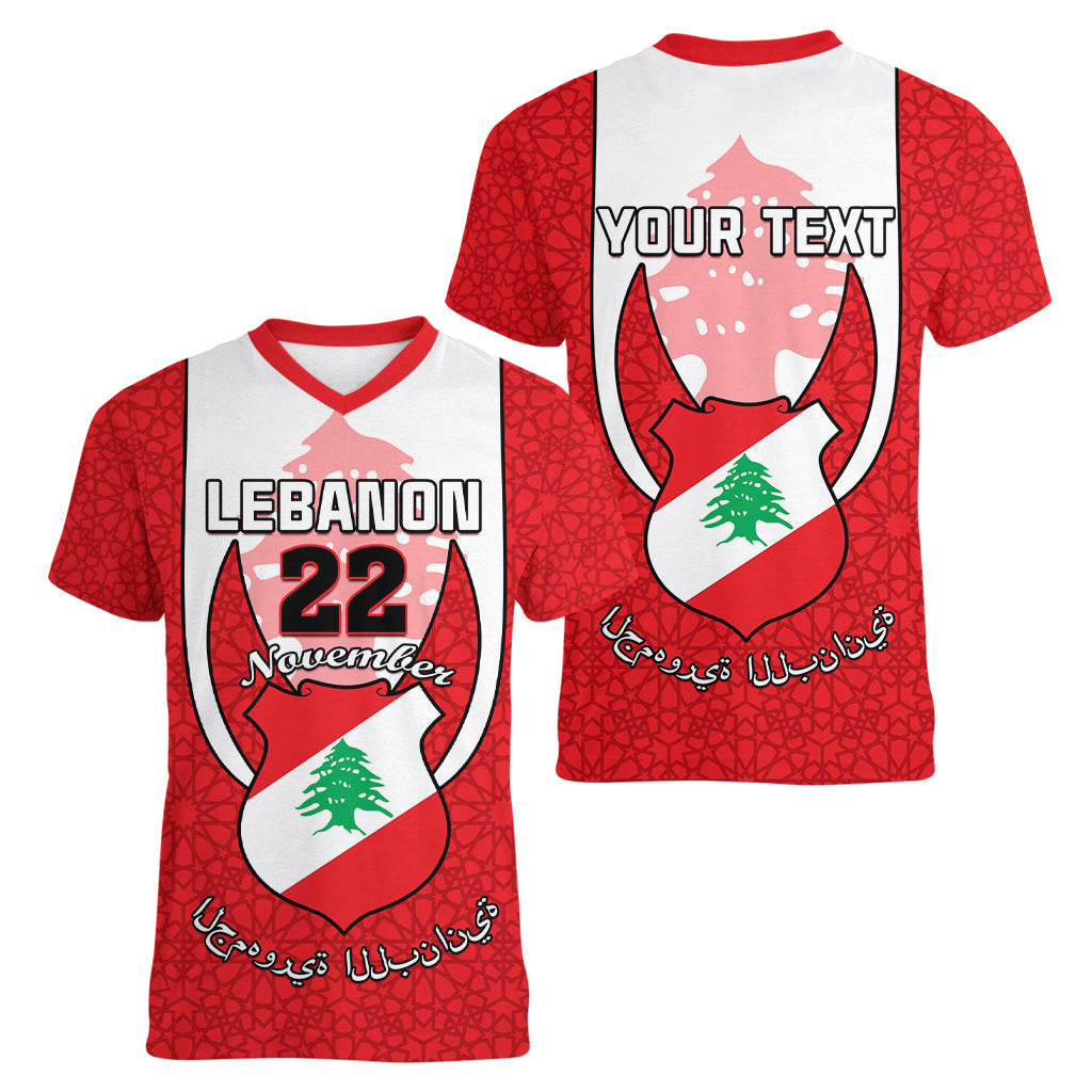 Personalised Lebanon Independence Day Women V Neck T Shirt Lebanese Coat Of Arms Islamic Pattern - Wonder Print Shop