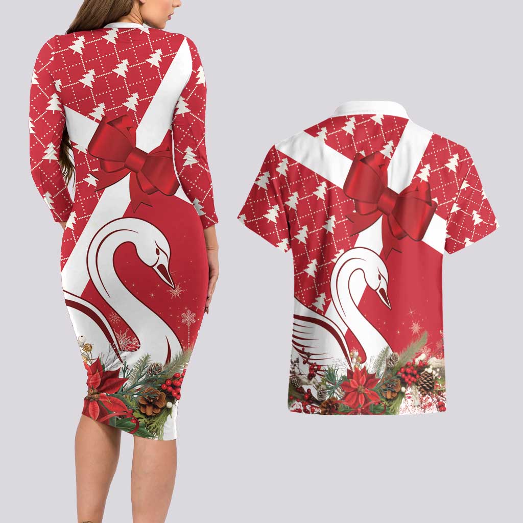 Denmark Christmas Couples Matching Long Sleeve Bodycon Dress and Hawaiian Shirt Coquette Bow With Swan - Wonder Print Shop