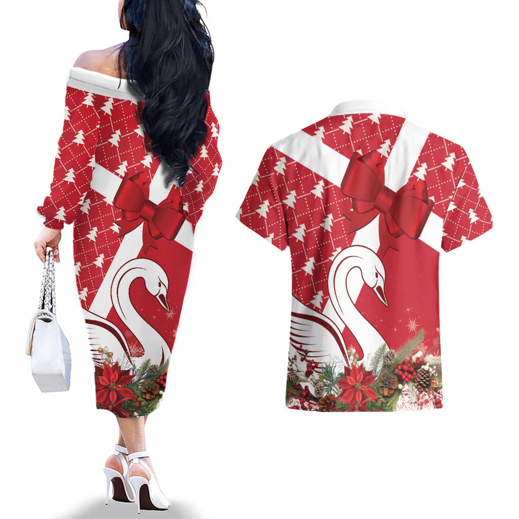 Denmark Christmas Couples Matching Off The Shoulder Long Sleeve Dress and Hawaiian Shirt Coquette Bow With Swan - Wonder Print Shop