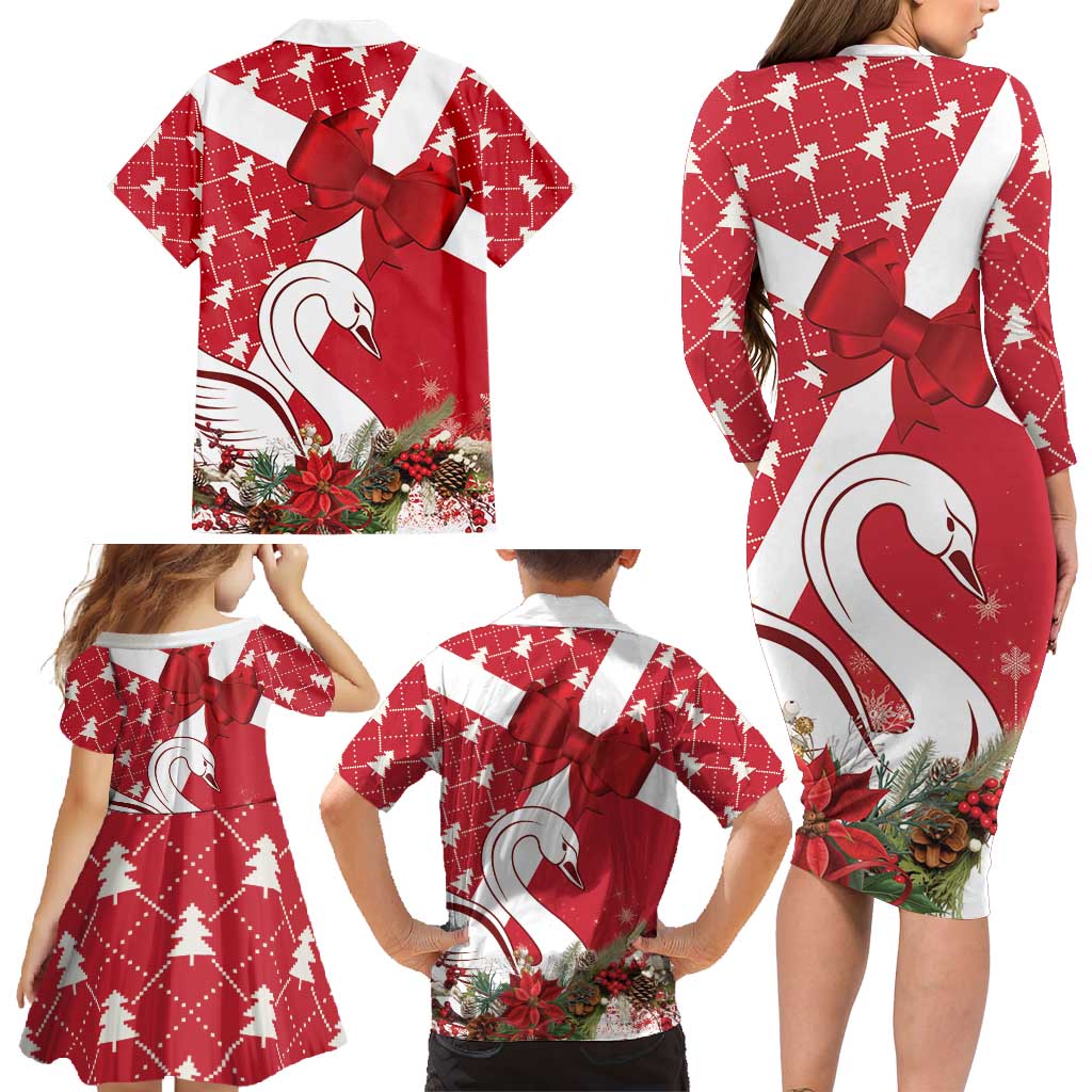 Denmark Christmas Family Matching Long Sleeve Bodycon Dress and Hawaiian Shirt Coquette Bow With Swan - Wonder Print Shop