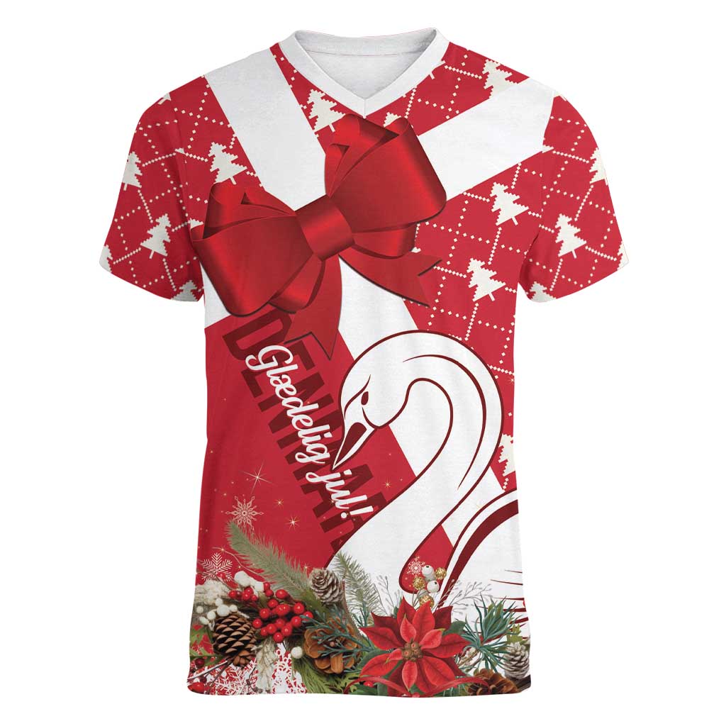 Denmark Christmas Women V-Neck T-Shirt Coquette Bow With Swan - Wonder Print Shop