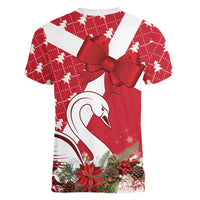 Denmark Christmas Women V-Neck T-Shirt Coquette Bow With Swan - Wonder Print Shop