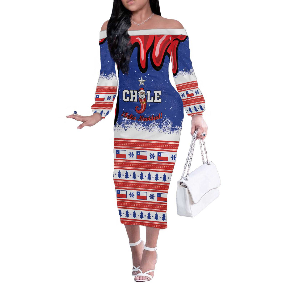 Personalized Feliz Navidad Chile Santa Claus Off The Shoulder Long Sleeve Dress Chilli Christmas - Wonder Print Shop