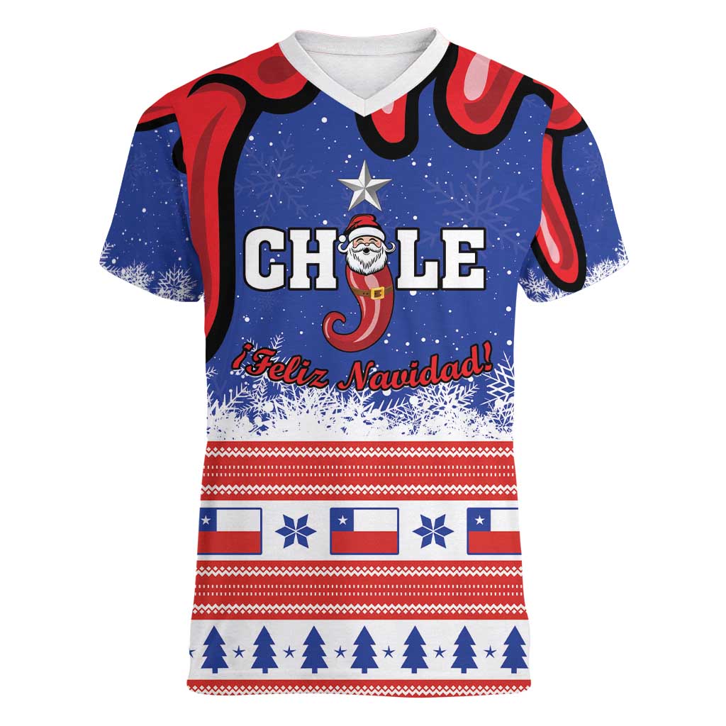Personalized Feliz Navidad Chile Santa Claus Women V-Neck T-Shirt Chilli Christmas - Wonder Print Shop