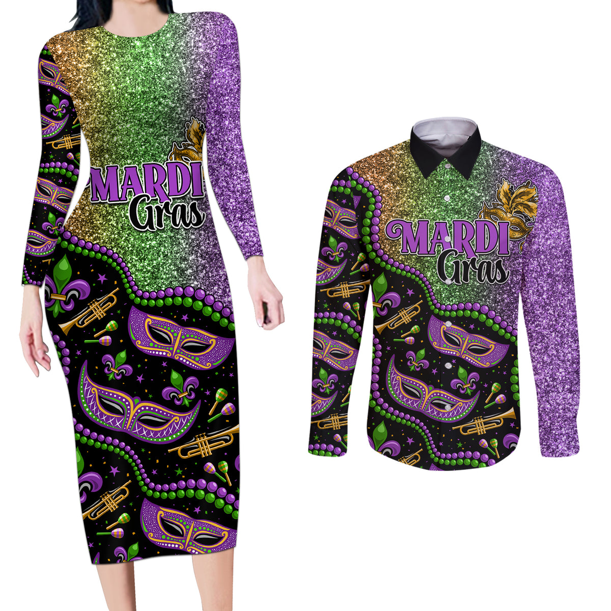 Mardi Gras Couples Matching Long Sleeve Bodycon Dress and Long Sleeve Button Shirt Colorful Style - Wonder Print Shop