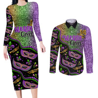 Mardi Gras Couples Matching Long Sleeve Bodycon Dress and Long Sleeve Button Shirt Colorful Style - Wonder Print Shop