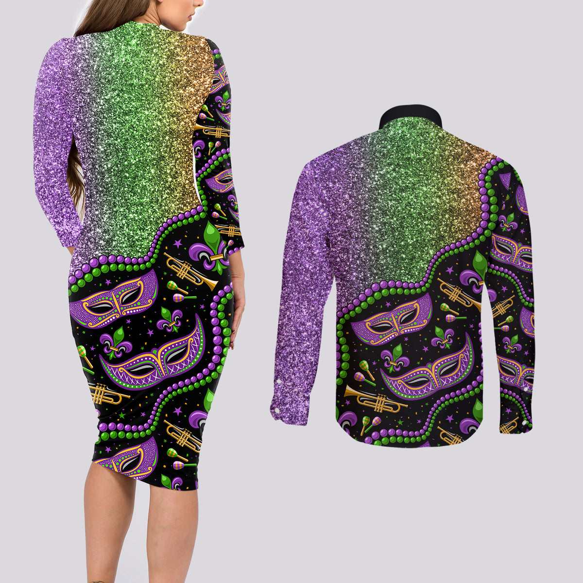 Mardi Gras Couples Matching Long Sleeve Bodycon Dress and Long Sleeve Button Shirt Colorful Style - Wonder Print Shop