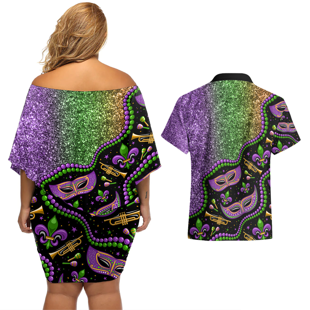 Mardi Gras Couples Matching Off Shoulder Short Dress and Hawaiian Shirt Colorful Style - Wonder Print Shop