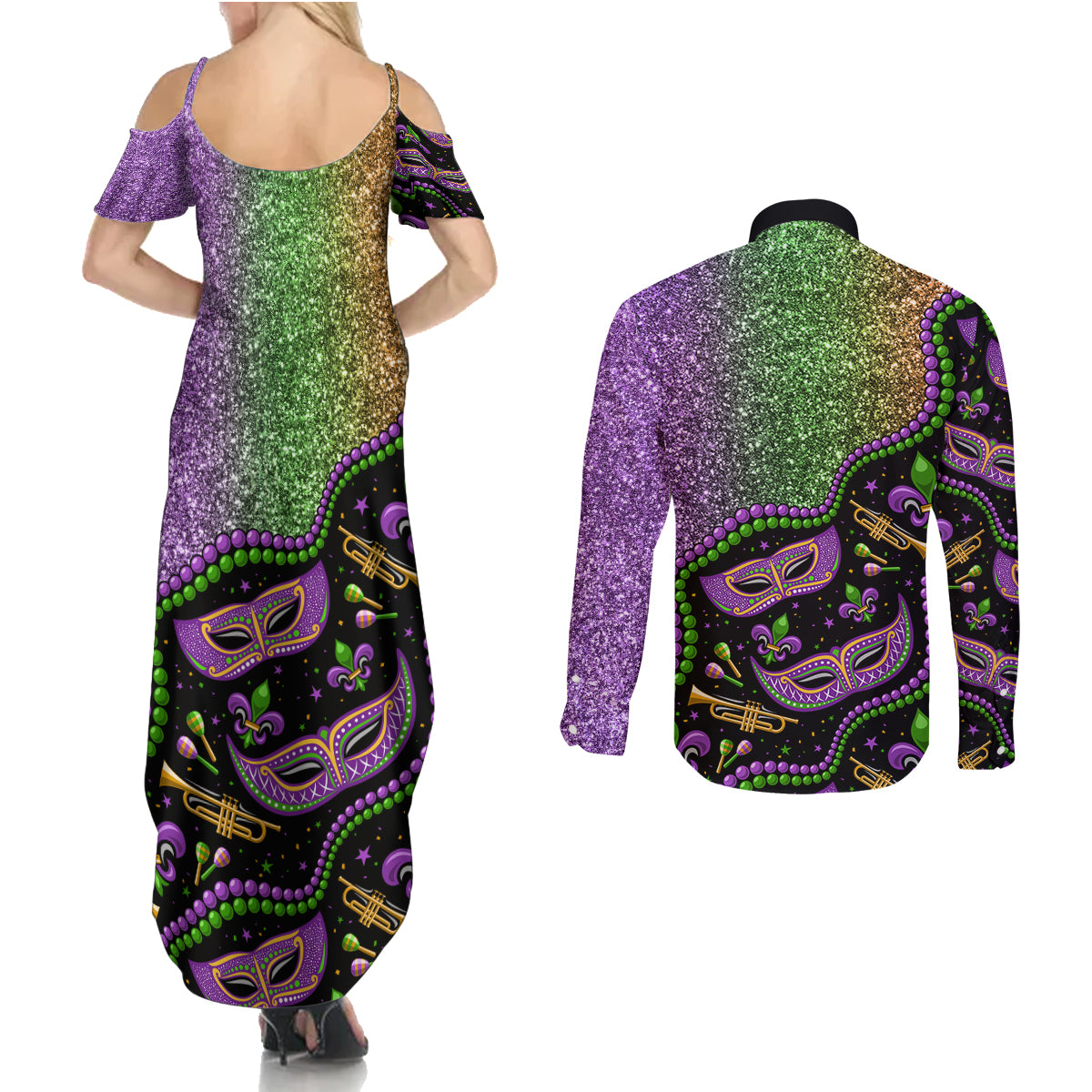 Mardi Gras Couples Matching Summer Maxi Dress and Long Sleeve Button Shirt Colorful Style - Wonder Print Shop