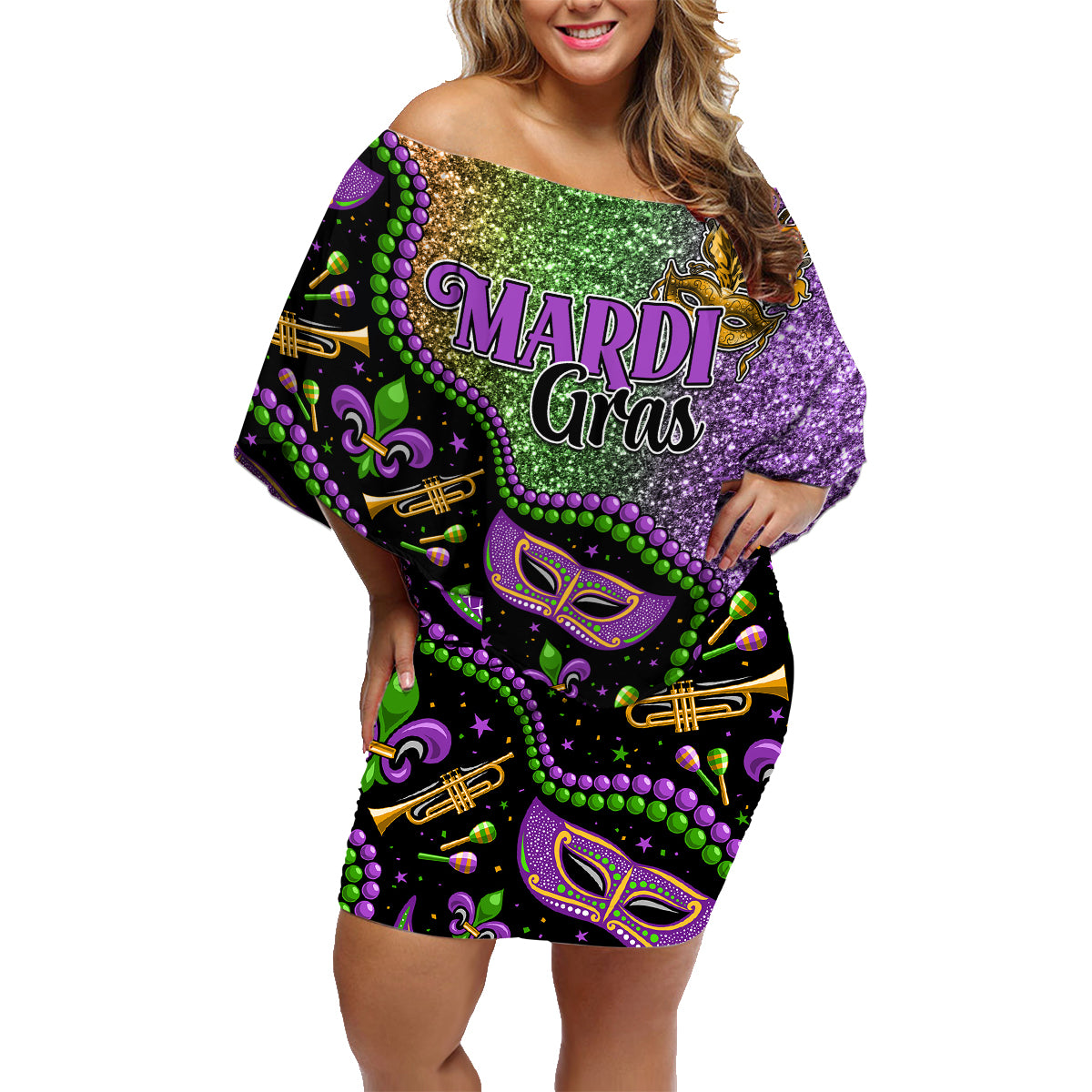 Mardi Gras Family Matching Off Shoulder Short Dress and Hawaiian Shirt Colorful Style - Wonder Print Shop