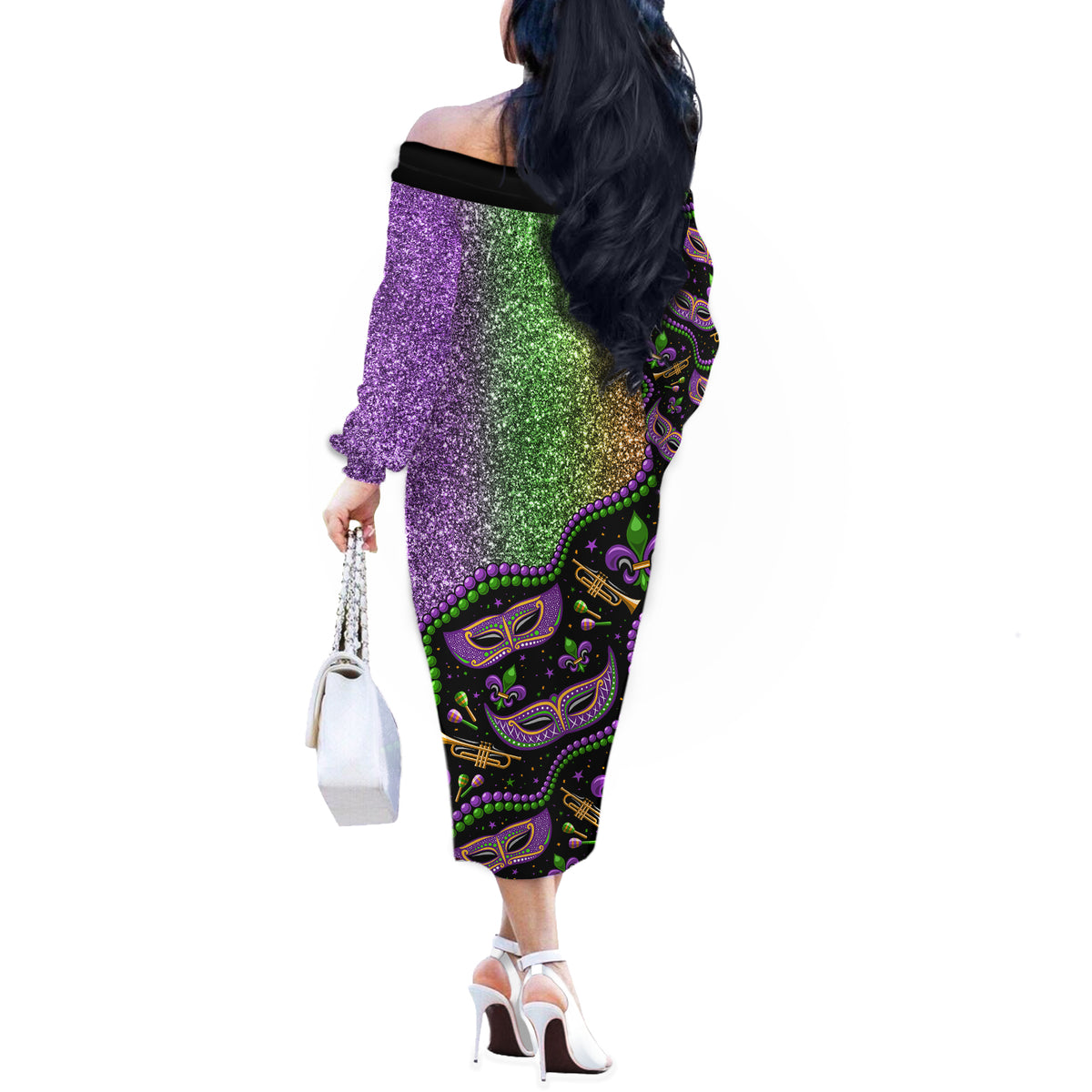 Mardi Gras Off The Shoulder Long Sleeve Dress Colorful Style - Wonder Print Shop