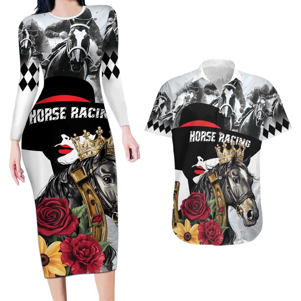Personalized Horse Racing Couples Matching Long Sleeve Bodycon Dress and Hawaiian Shirt Derby Lady Triple Flowers