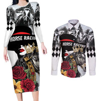 Personalized Horse Racing Couples Matching Long Sleeve Bodycon Dress and Long Sleeve Button Shirt Derby Lady Triple Flowers