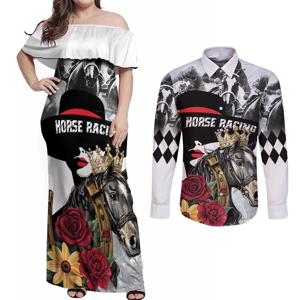 Personalized Horse Racing Couples Matching Off Shoulder Maxi Dress and Long Sleeve Button Shirt Derby Lady Triple Flowers