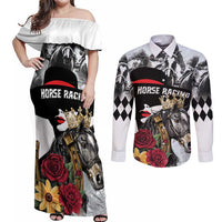 Personalized Horse Racing Couples Matching Off Shoulder Maxi Dress and Long Sleeve Button Shirt Derby Lady Triple Flowers