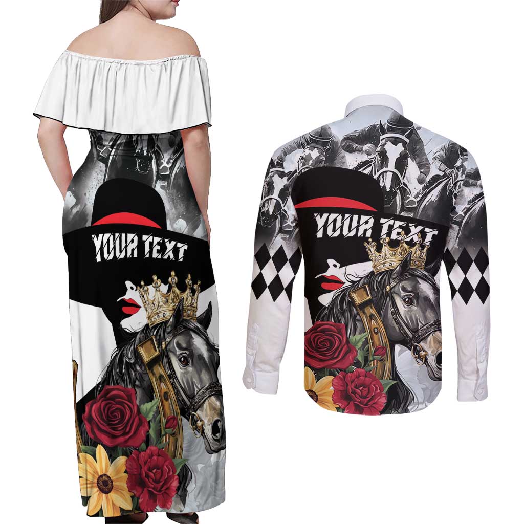 Personalized Horse Racing Couples Matching Off Shoulder Maxi Dress and Long Sleeve Button Shirt Derby Lady Triple Flowers