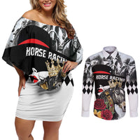 Personalized Horse Racing Couples Matching Off Shoulder Short Dress and Long Sleeve Button Shirt Derby Lady Triple Flowers