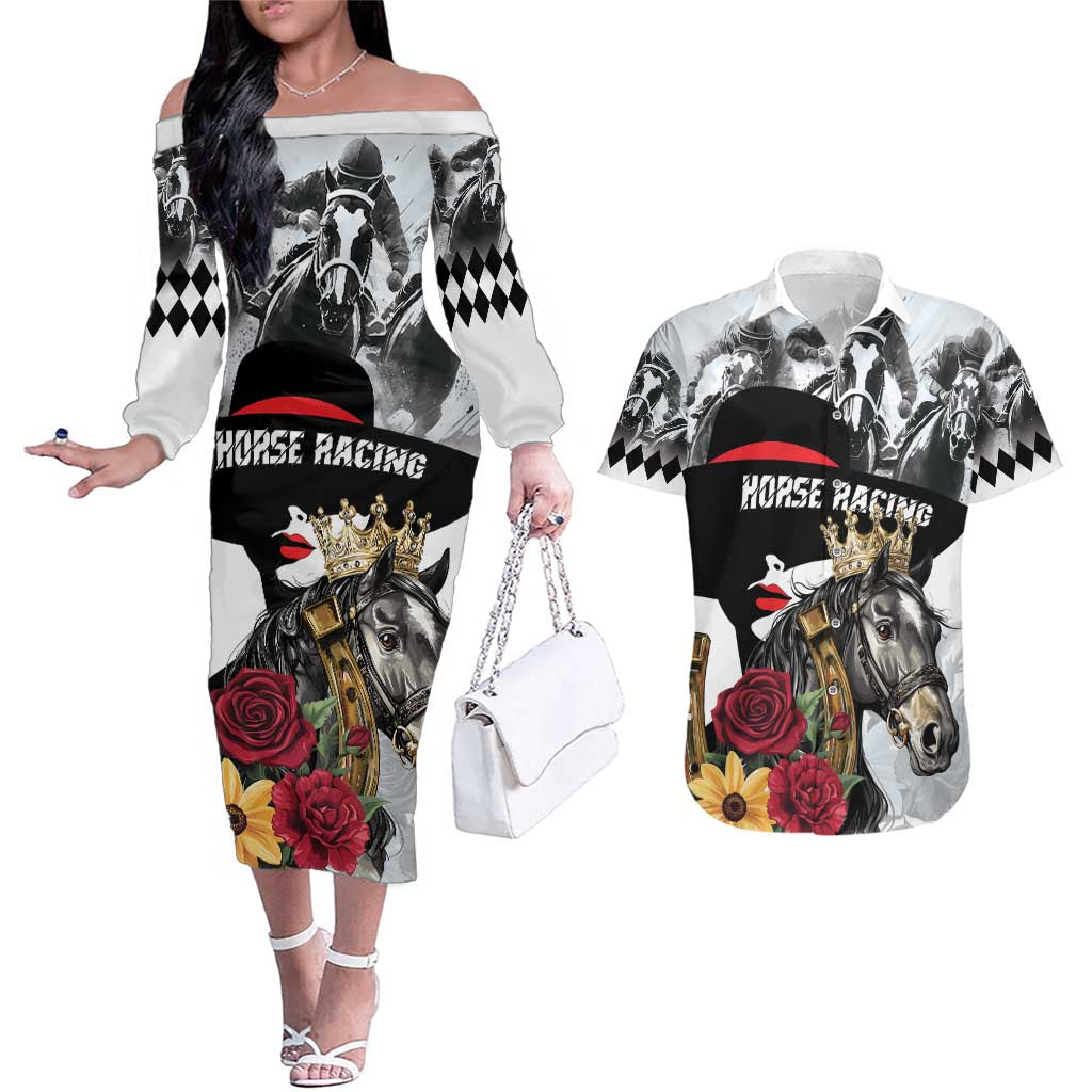 Personalized Horse Racing Couples Matching Off The Shoulder Long Sleeve Dress and Hawaiian Shirt Derby Lady Triple Flowers