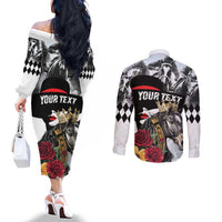 Personalized Horse Racing Couples Matching Off The Shoulder Long Sleeve Dress and Long Sleeve Button Shirt Derby Lady Triple Flowers