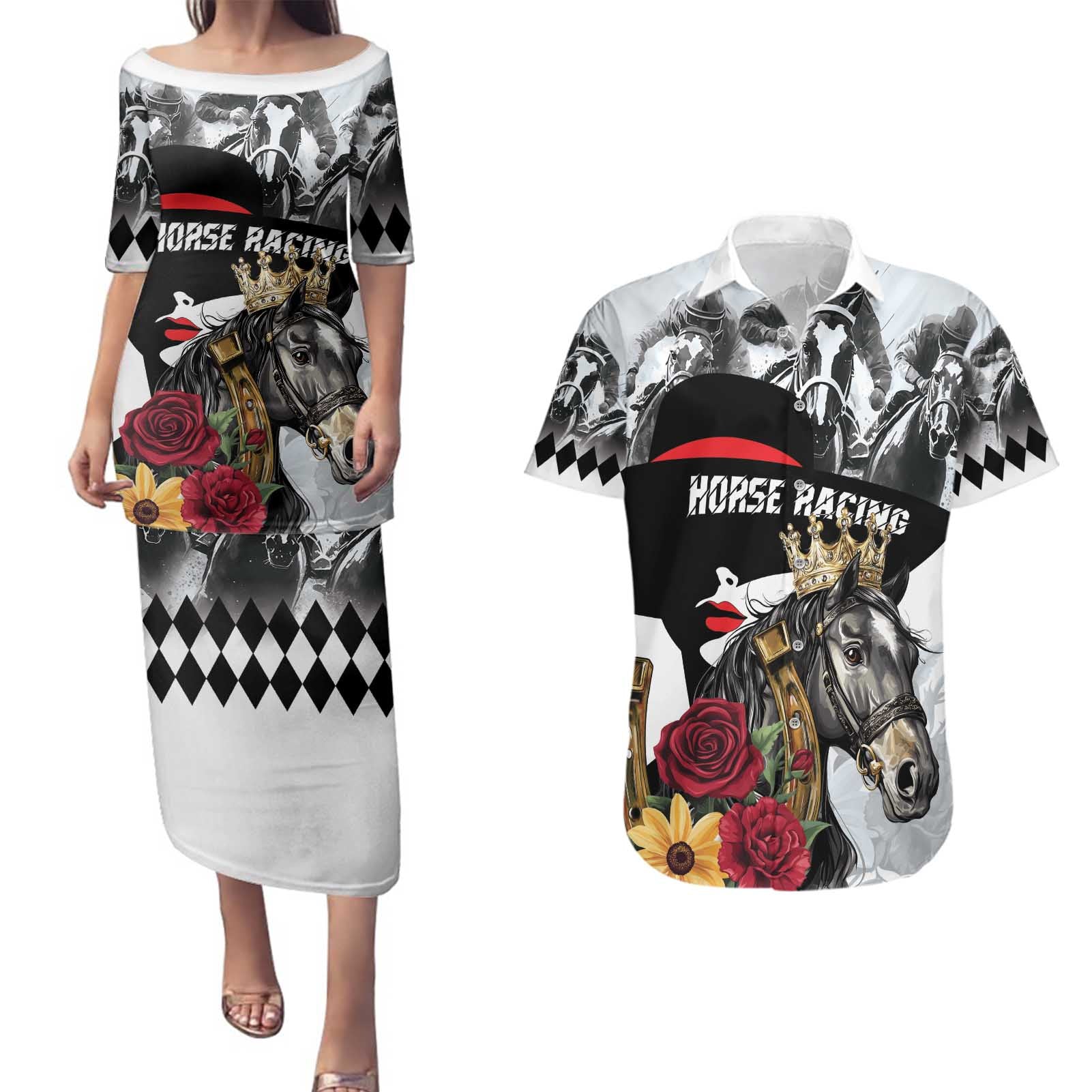 Personalized Horse Racing Couples Matching Puletasi and Hawaiian Shirt Derby Lady Triple Flowers