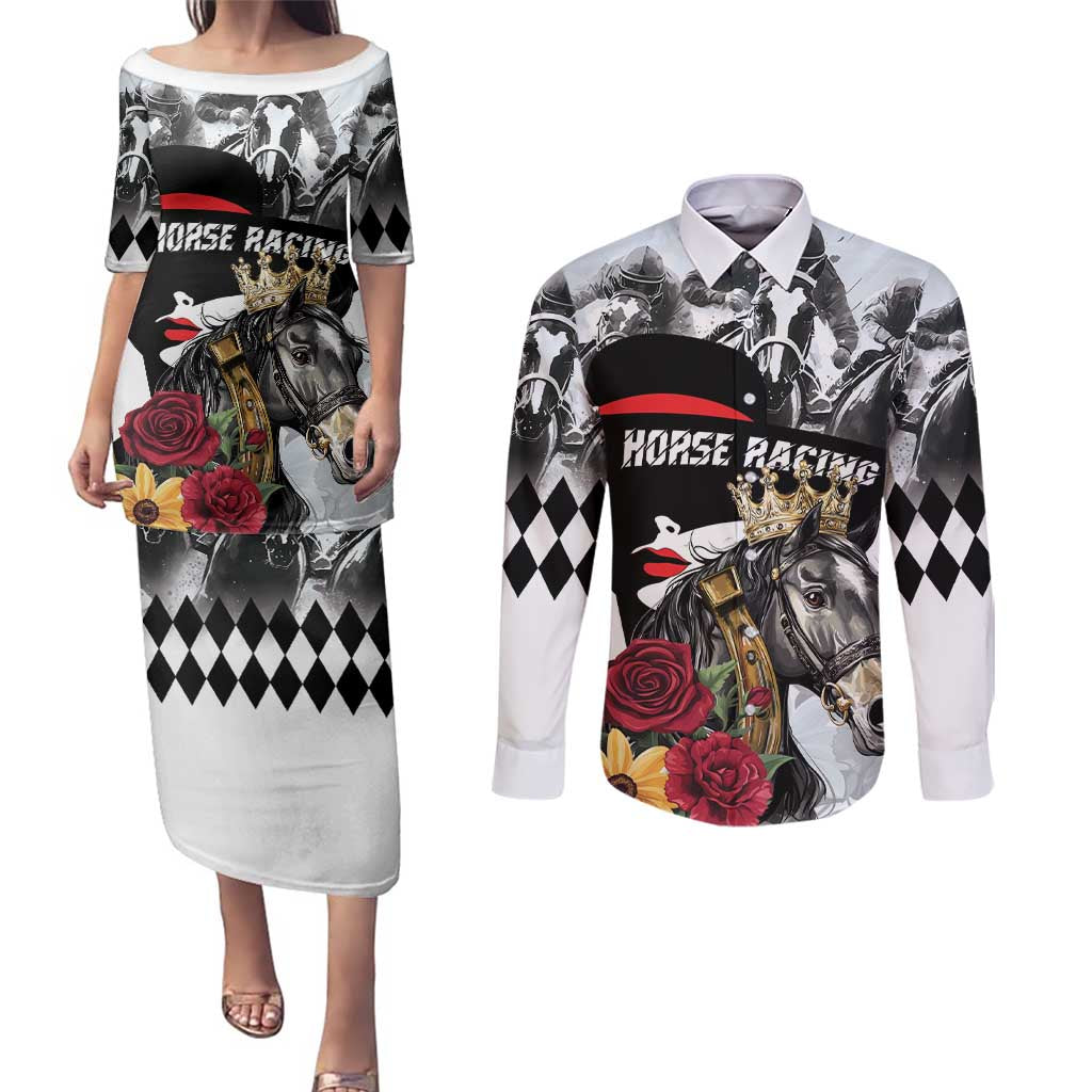 Personalized Horse Racing Couples Matching Puletasi and Long Sleeve Button Shirt Derby Lady Triple Flowers