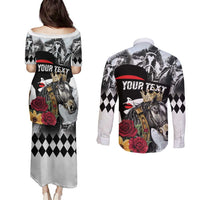 Personalized Horse Racing Couples Matching Puletasi and Long Sleeve Button Shirt Derby Lady Triple Flowers