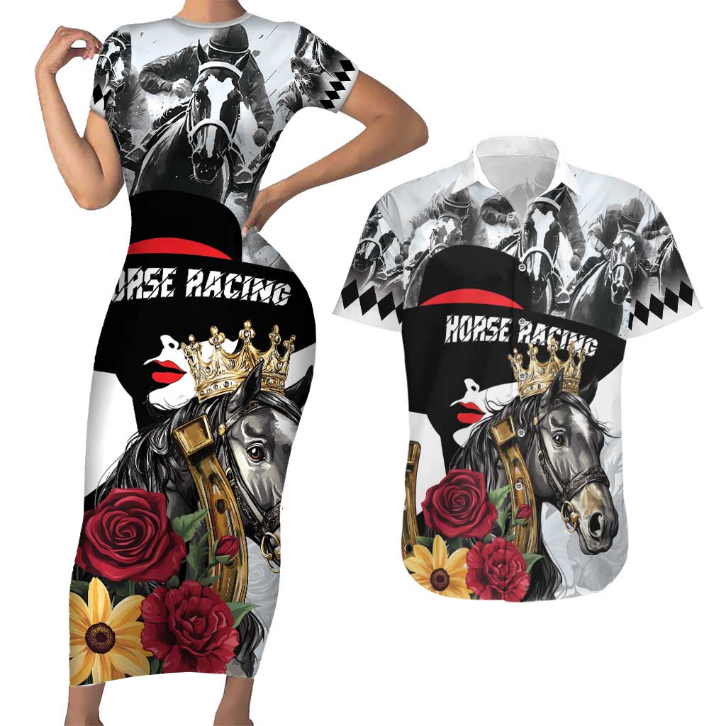 Personalized Horse Racing Couples Matching Short Sleeve Bodycon Dress and Hawaiian Shirt Derby Lady Triple Flowers