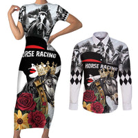 Personalized Horse Racing Couples Matching Short Sleeve Bodycon Dress and Long Sleeve Button Shirt Derby Lady Triple Flowers