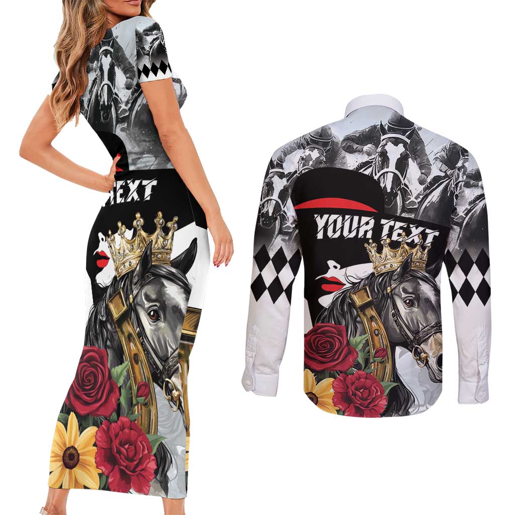 Personalized Horse Racing Couples Matching Short Sleeve Bodycon Dress and Long Sleeve Button Shirt Derby Lady Triple Flowers