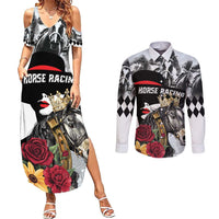 Personalized Horse Racing Couples Matching Summer Maxi Dress and Long Sleeve Button Shirt Derby Lady Triple Flowers