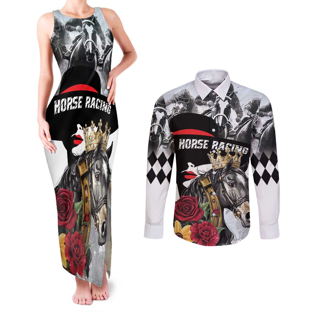 Personalized Horse Racing Couples Matching Tank Maxi Dress and Long Sleeve Button Shirt Derby Lady Triple Flowers