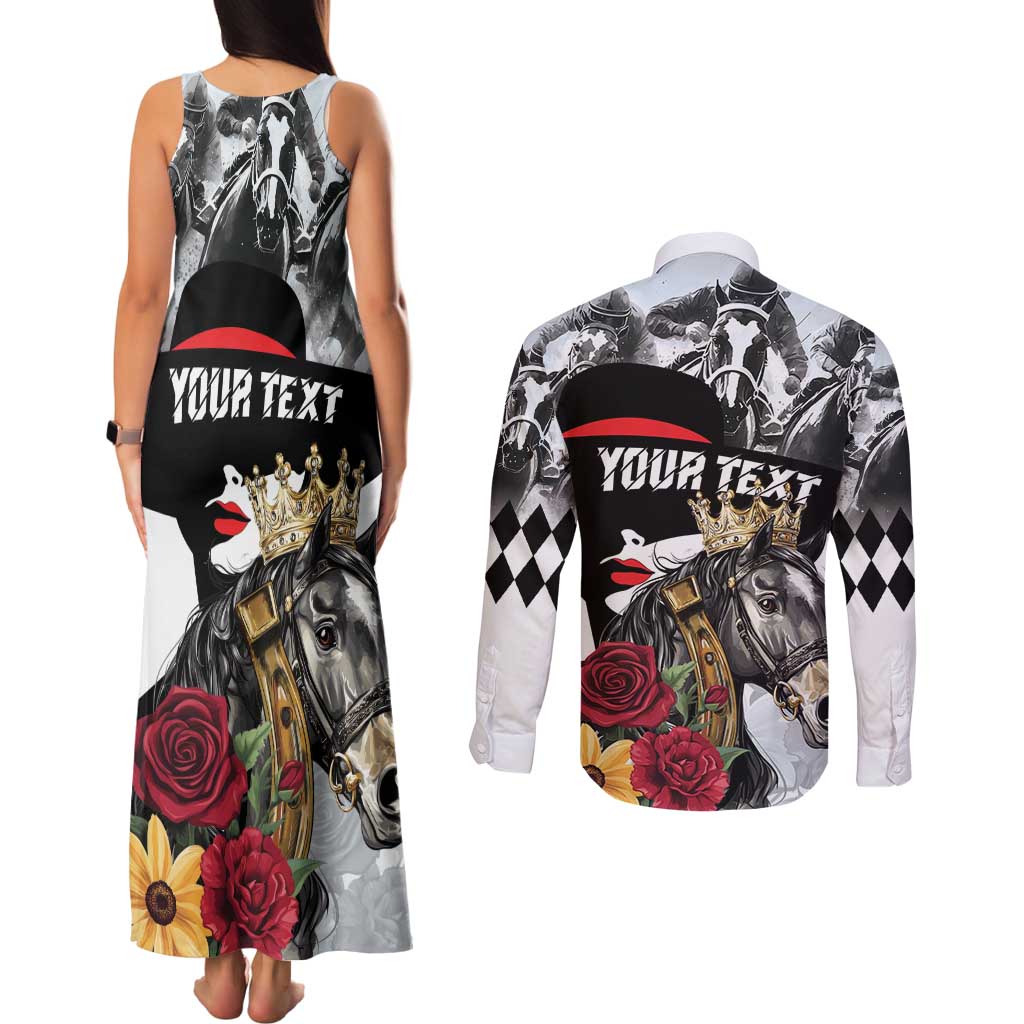 Personalized Horse Racing Couples Matching Tank Maxi Dress and Long Sleeve Button Shirt Derby Lady Triple Flowers