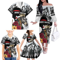 Personalized Horse Racing Family Matching Off The Shoulder Long Sleeve Dress and Hawaiian Shirt Derby Lady Triple Flowers
