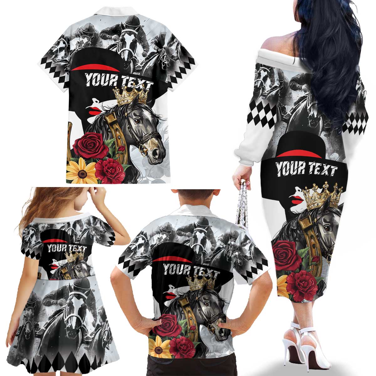 Personalized Horse Racing Family Matching Off The Shoulder Long Sleeve Dress and Hawaiian Shirt Derby Lady Triple Flowers