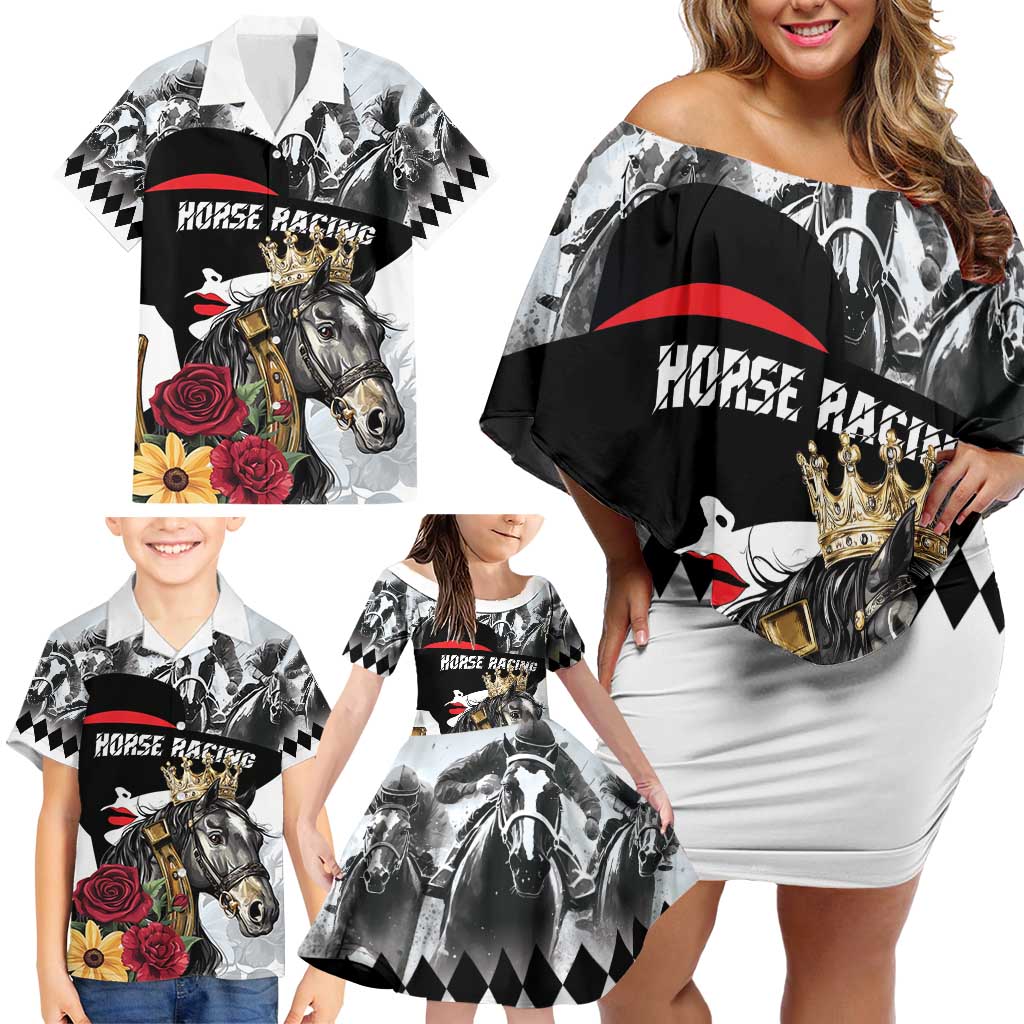 Personalized Horse Racing Family Matching Off Shoulder Short Dress and Hawaiian Shirt Derby Lady Triple Flowers