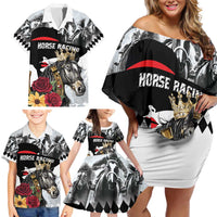 Personalized Horse Racing Family Matching Off Shoulder Short Dress and Hawaiian Shirt Derby Lady Triple Flowers