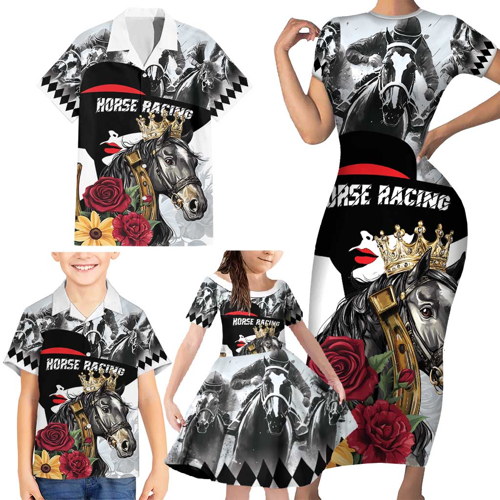 Personalized Horse Racing Family Matching Short Sleeve Bodycon Dress and Hawaiian Shirt Derby Lady Triple Flowers