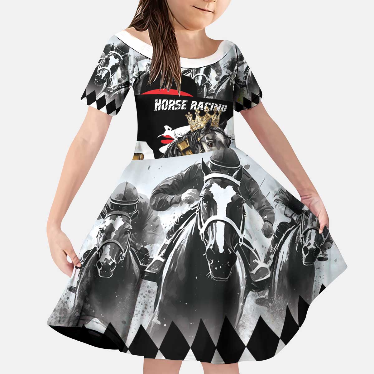 Personalized Horse Racing Kid Short Sleeve Dress Derby Lady Triple Flowers