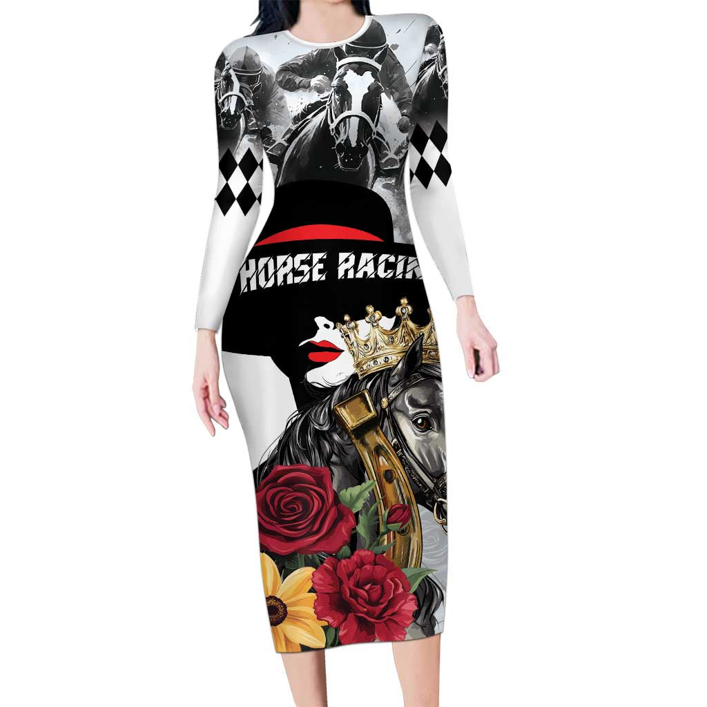 Personalized Horse Racing Long Sleeve Bodycon Dress Derby Lady Triple Flowers