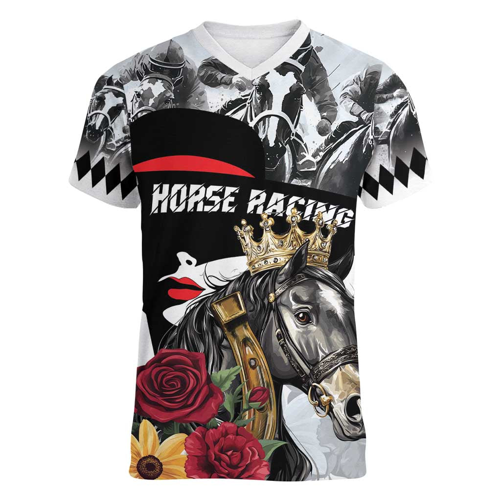 Personalized Horse Racing Women V-Neck T-Shirt Derby Lady Triple Flowers