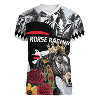 Personalized Horse Racing Women V-Neck T-Shirt Derby Lady Triple Flowers